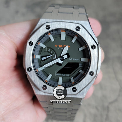 Casioak Mod Silver Case Metal Strap White Luminous Time Mark Olive Green Dial 44mm- Casioak Mod Casio G-Shock Royal Oak Custom Mens Luxury Watches Ga2100