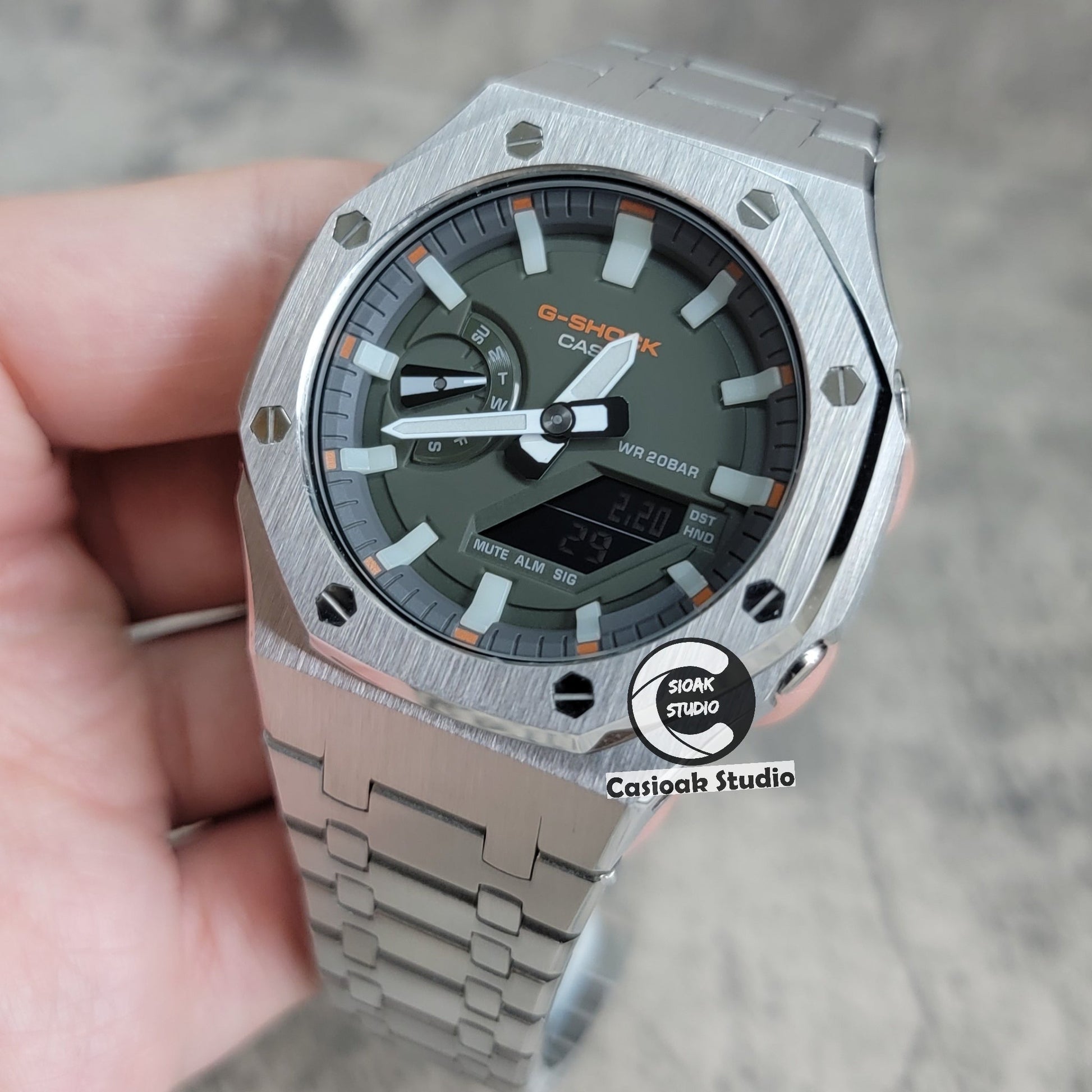 Casioak Mod Silver Case Metal Strap White Luminous Time Mark Olive Green Dial 44mm- Casioak Mod Casio G-Shock Royal Oak Custom Mens Luxury Watches Ga2100