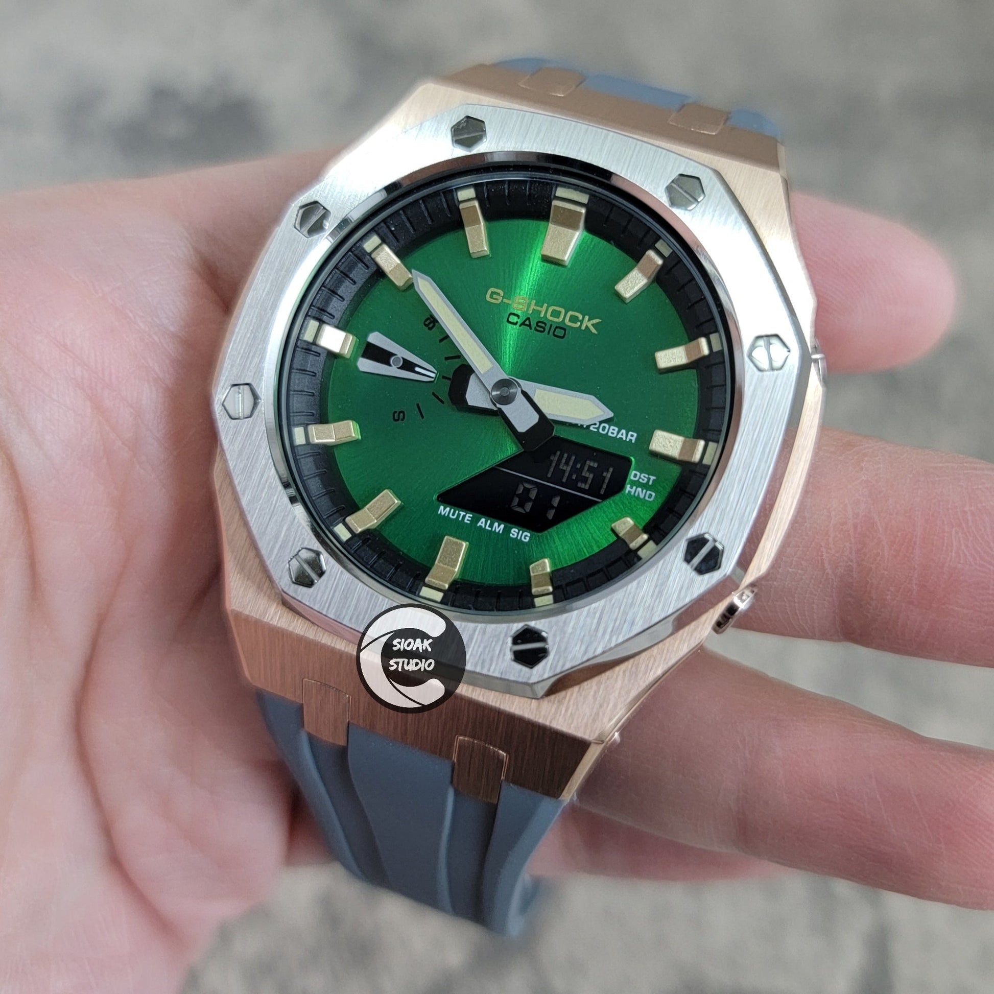 Casioak Mod Silver Rose Gold Case Metal Strap Black Gold Time Mark Green Dial 44mm- Casioak Mod Casio G-Shock Royal Oak Custom Mens Luxury Watches Ga2100