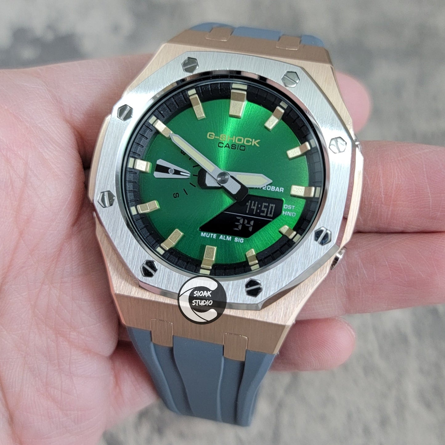 Casioak Mod Silver Rose Gold Case Metal Strap Black Gold Time Mark Green Dial 44mm- Casioak Mod Casio G-Shock Royal Oak Custom Mens Luxury Watches Ga2100