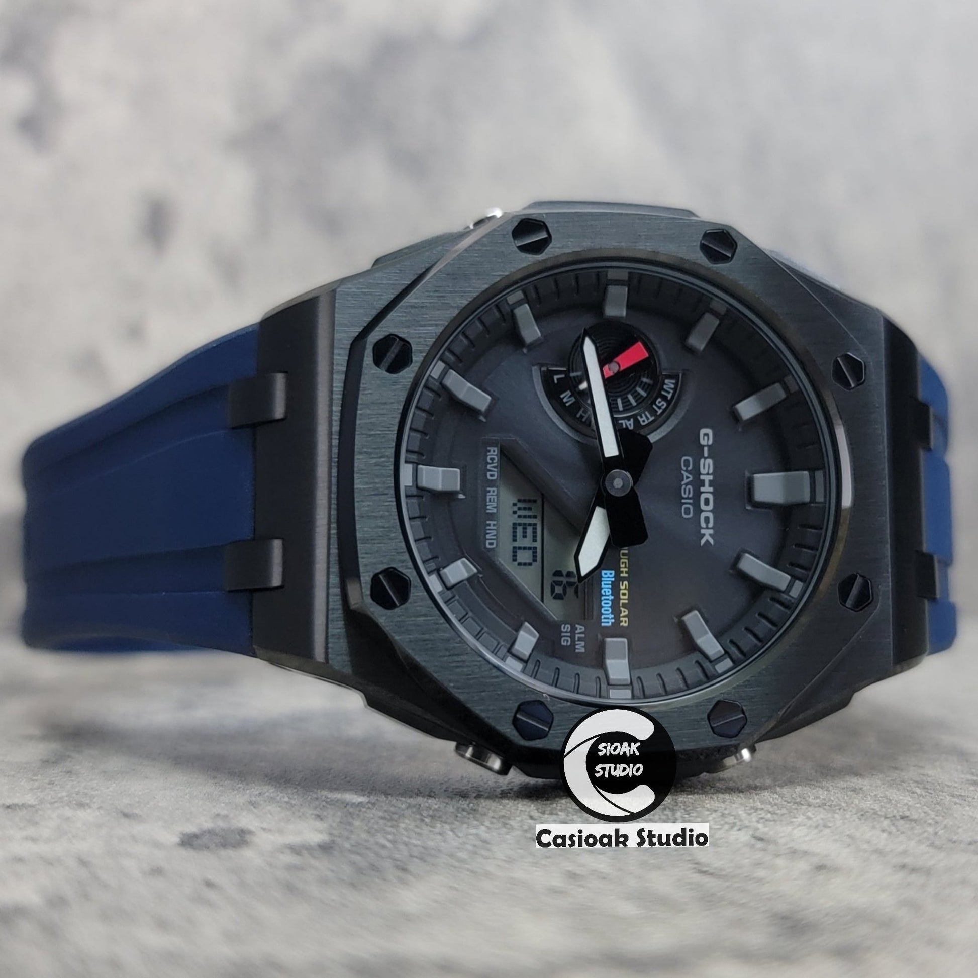 Casioak Mod Solar Bluetooth Offshore Superior Case Blue Rubber Strap Black Gray Time Mark Black Dial 44mm- Casioak Mod Casio G-Shock Royal Oak Custom Mens Luxury Watches Ga2100