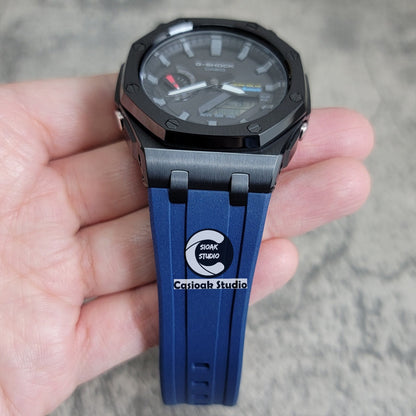 Casioak Mod Solar Bluetooth Offshore Superior Case Blue Rubber Strap Black Gray Time Mark Black Dial 44mm- Casioak Mod Casio G-Shock Royal Oak Custom Mens Luxury Watches Ga2100