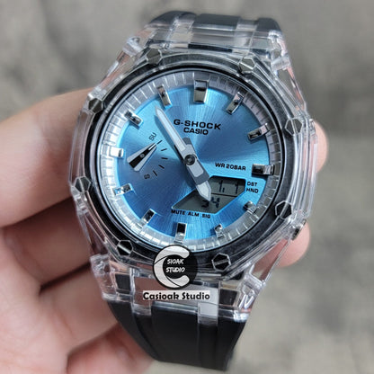 Casioak Mod Transparent Case Black Strap Silver Time Mark Ice Blue Dial 44mm- Casioak Mod Casio G-Shock Royal Oak Custom Mens Luxury Watches Ga2100