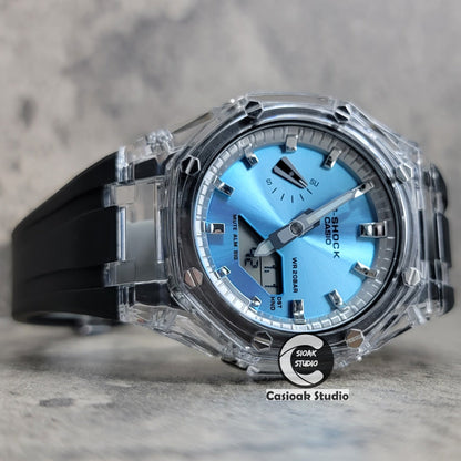 Casioak Mod Transparent Case Black Strap Silver Time Mark Ice Blue Dial 44mm- Casioak Mod Casio G-Shock Royal Oak Custom Mens Luxury Watches Ga2100