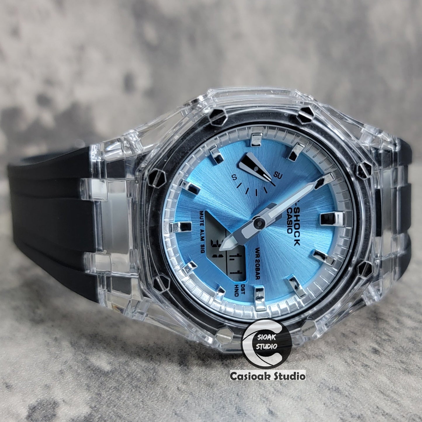 Casioak Mod Transparent Case Black Strap Silver Time Mark Ice Blue Dial 44mm- Casioak Mod Casio G-Shock Royal Oak Custom Mens Luxury Watches Ga2100