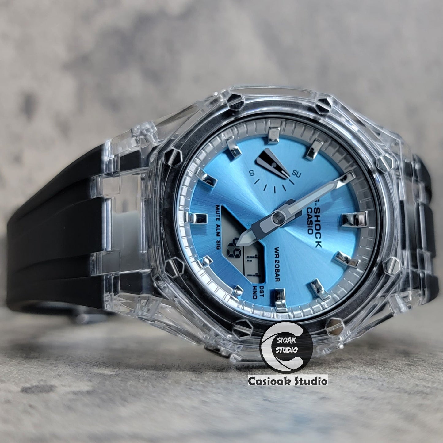 Casioak Mod Transparent Case Black Strap Silver Time Mark Ice Blue Dial 44mm- Casioak Mod Casio G-Shock Royal Oak Custom Mens Luxury Watches Ga2100