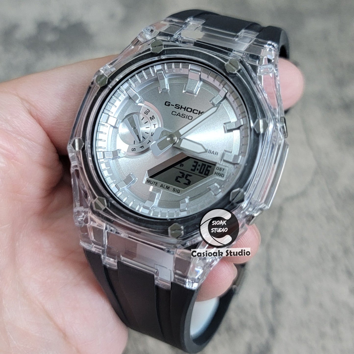 Casioak Mod Transparent Case Black Strap Silver Time Mark Silver Dial 44mm- Casioak Mod Casio G-Shock Royal Oak Custom Mens Luxury Watches Ga2100