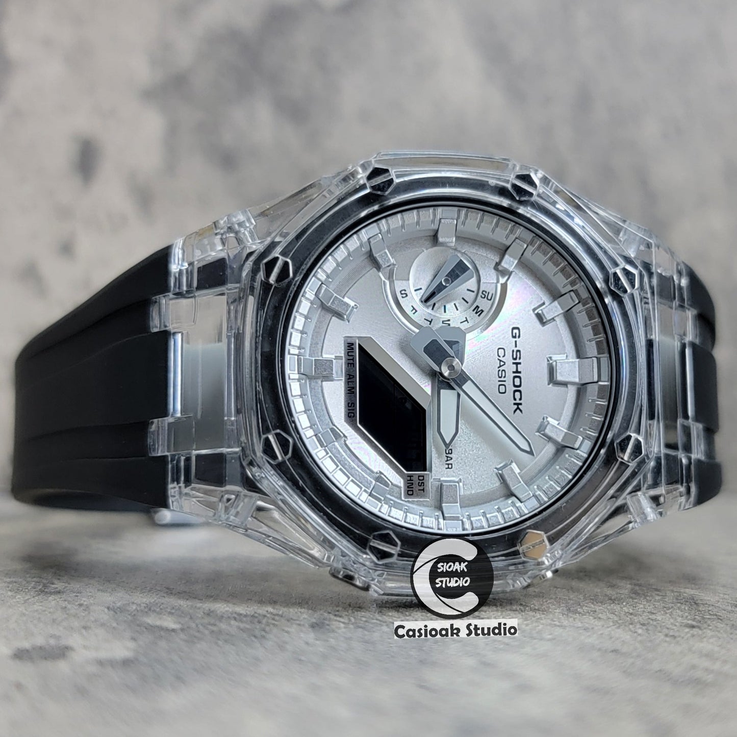 Casioak Mod Transparent Case Black Strap Silver Time Mark Silver Dial 44mm- Casioak Mod Casio G-Shock Royal Oak Custom Mens Luxury Watches Ga2100