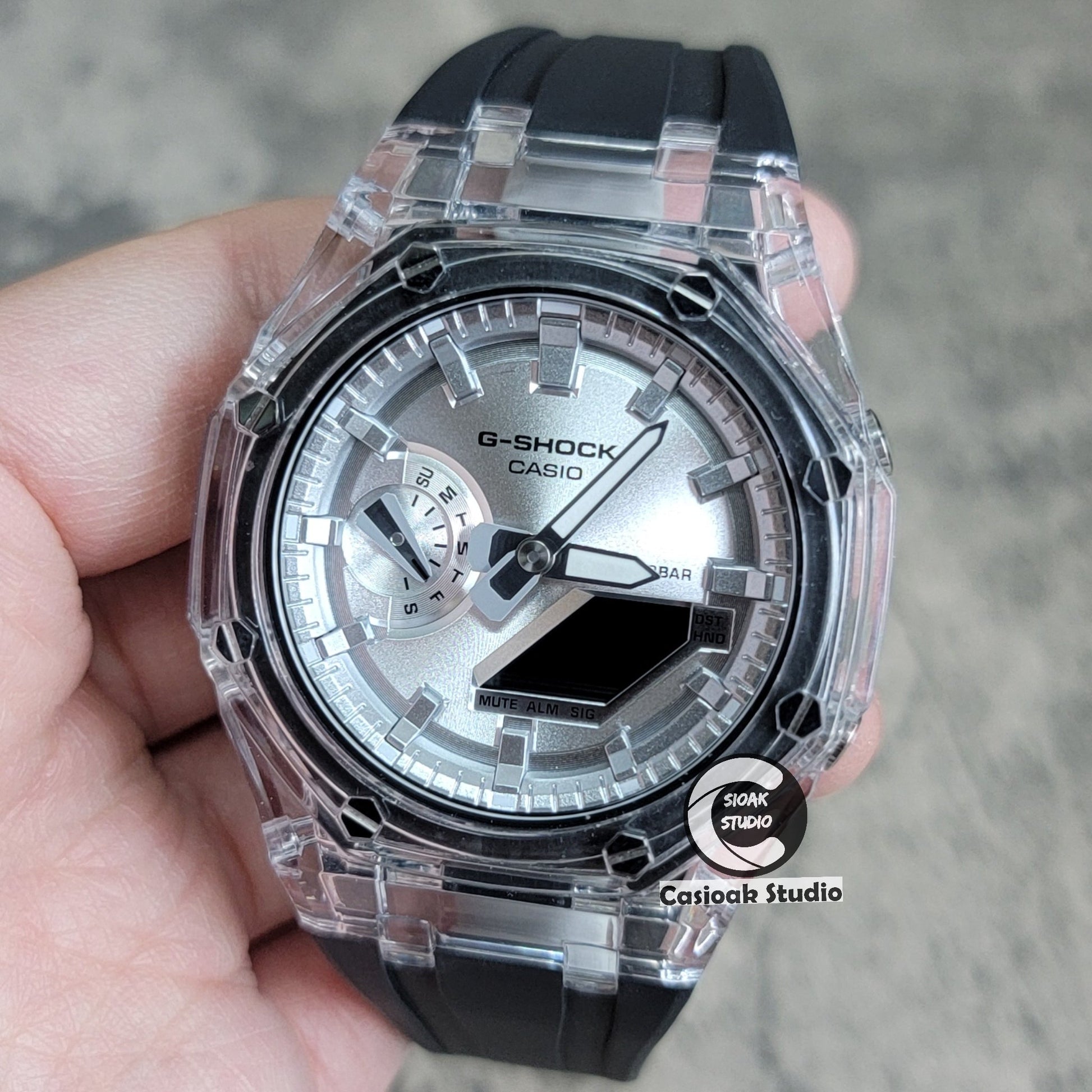 Casioak Mod Transparent Case Black Strap Silver Time Mark Silver Dial 44mm- Casioak Mod Casio G-Shock Royal Oak Custom Mens Luxury Watches Ga2100