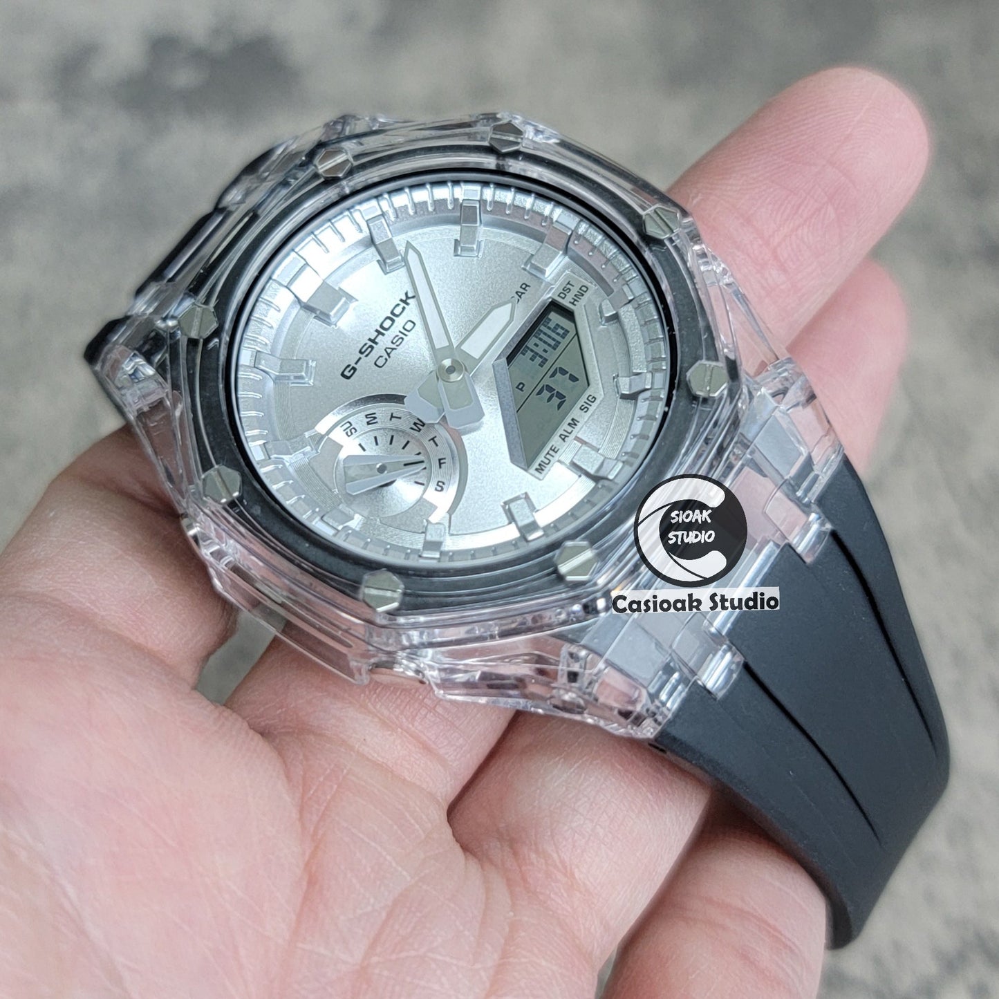 Casioak Mod Transparent Case Black Strap Silver Time Mark Silver Dial 44mm- Casioak Mod Casio G-Shock Royal Oak Custom Mens Luxury Watches Ga2100