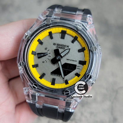 Casioak Mod Transparent Case Black Strap Yellow Black Time Mark Gray Waffle Dial 44mm- Casioak Mod Casio G-Shock Royal Oak Custom Mens Luxury Watches Ga2100