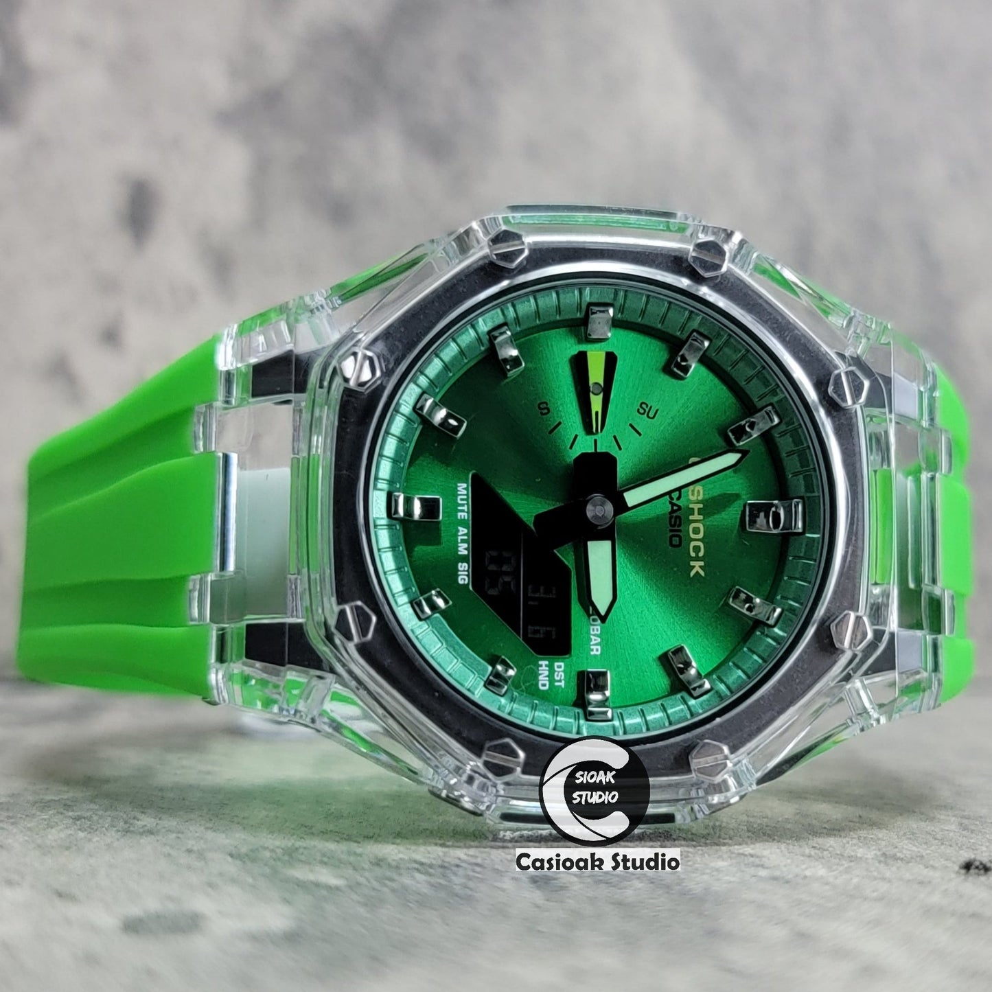 Casioak Mod Transparent Case Green Strap Green Silver Time Mark Green Dial 44mm- Casioak Mod Casio G-Shock Royal Oak Custom Mens Luxury Watches Ga2100