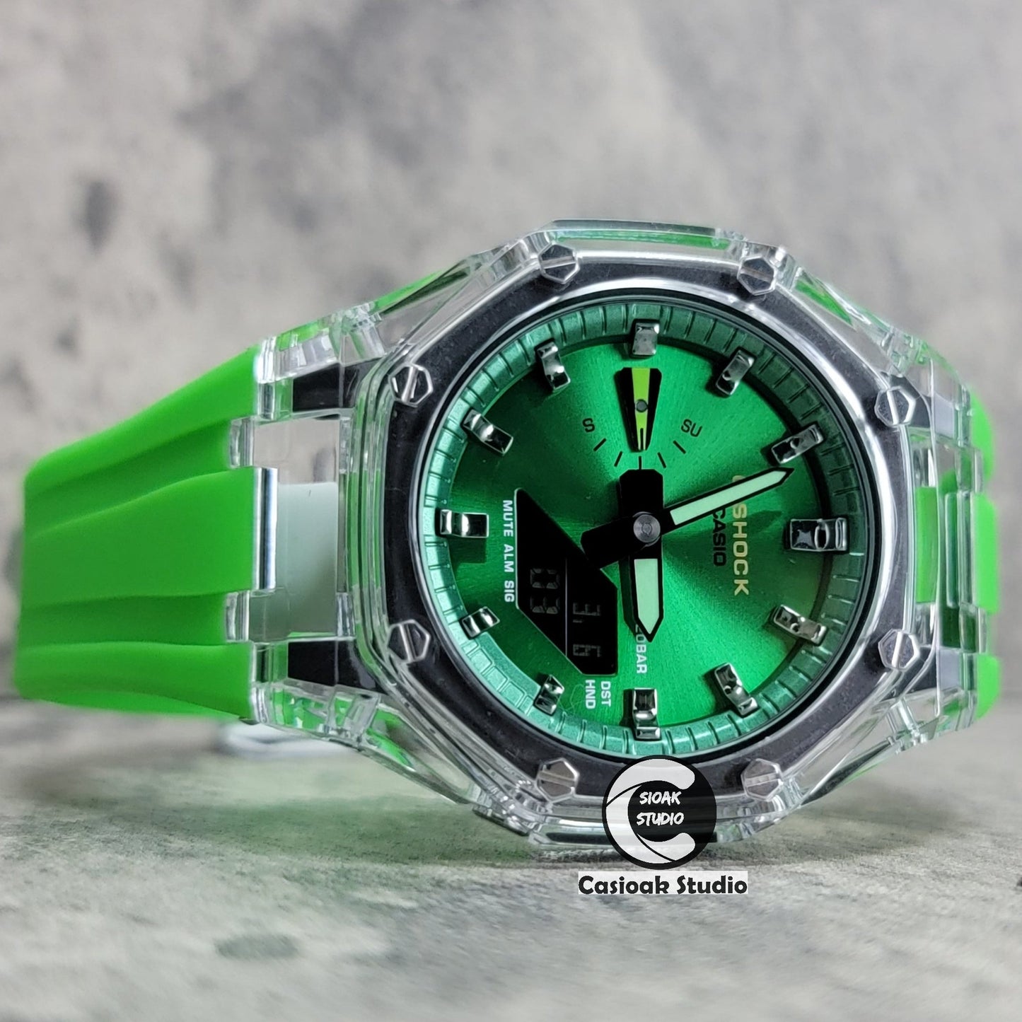 Casioak Mod Transparent Case Green Strap Green Silver Time Mark Green Dial 44mm- Casioak Mod Casio G-Shock Royal Oak Custom Mens Luxury Watches Ga2100