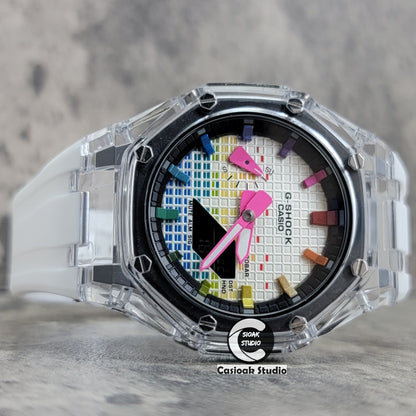 Casioak Mod Transparent Case White Strap Black Rainbow Time Mark Music Dial 44mm- Casioak Mod Casio G-Shock Royal Oak Custom Mens Luxury Watches Ga2100