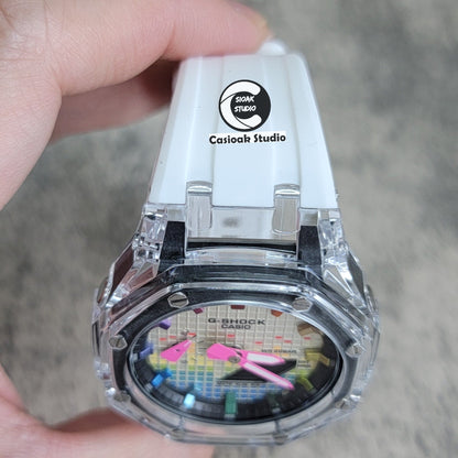 Casioak Mod Transparent Case White Strap Black Rainbow Time Mark Music Dial 44mm- Casioak Mod Casio G-Shock Royal Oak Custom Mens Luxury Watches Ga2100