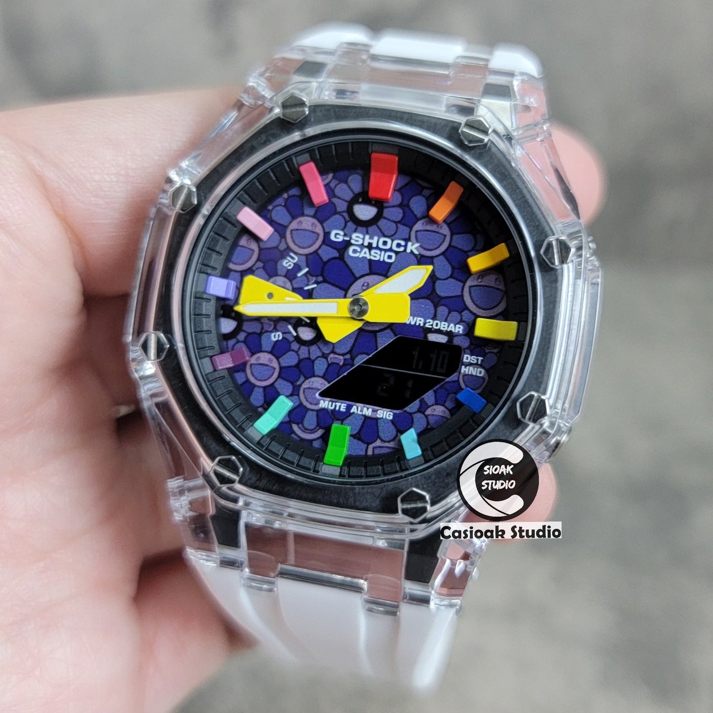 Casioak Mod Transparent Case White Strap Black Rainbow Time Mark Purple Takashi Murakami Dial 44mm- Casioak Mod Casio G-Shock Royal Oak Custom Mens Luxury Watches Ga2100