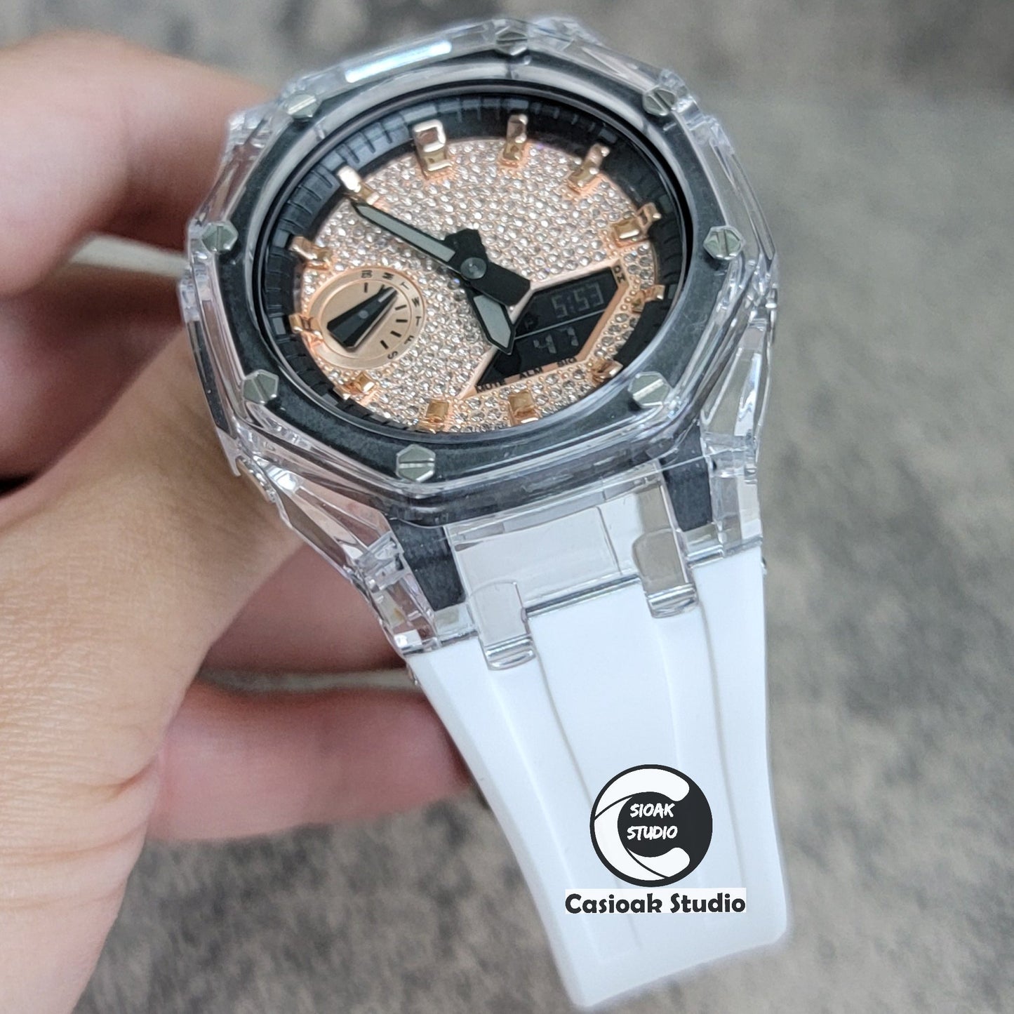 Casioak Mod Transparent Case White Strap Black Rose Gold Time Mark Rose Gold Diamond Dial 44mm- Casioak Mod Casio G-Shock Royal Oak Custom Mens Luxury Watches Ga2100