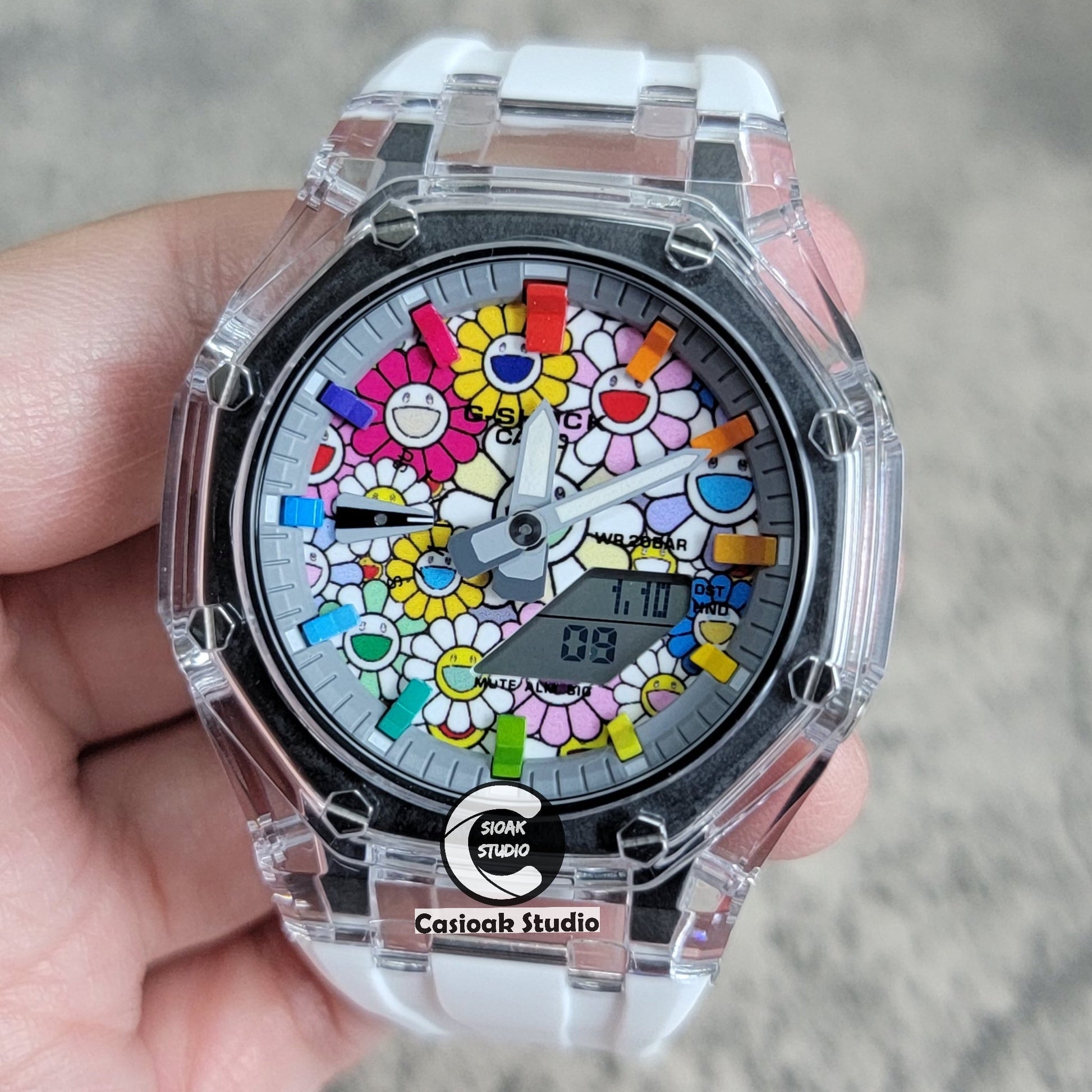 Casioak Mod Transparent Case White Strap Gray Rainbow Time Mark Takashi Murakami Dial 44mm- Casioak Mod Casio G-Shock Royal Oak Custom Mens Luxury Watches Ga2100