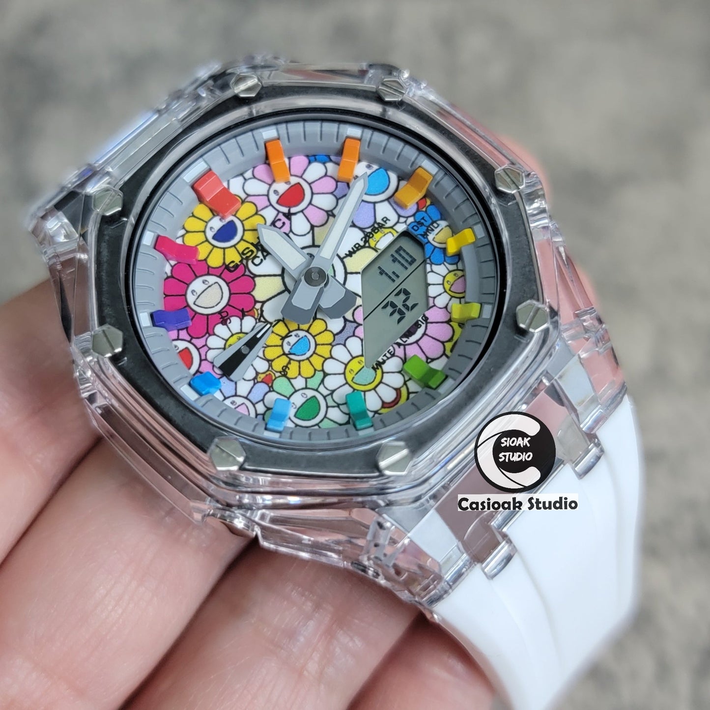 Casioak Mod Transparent Case White Strap Gray Rainbow Time Mark Takashi Murakami Dial 44mm- Casioak Mod Casio G-Shock Royal Oak Custom Mens Luxury Watches Ga2100