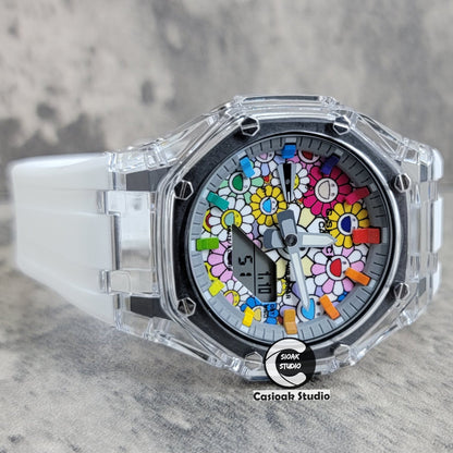 Casioak Mod Transparent Case White Strap Gray Rainbow Time Mark Takashi Murakami Dial 44mm- Casioak Mod Casio G-Shock Royal Oak Custom Mens Luxury Watches Ga2100