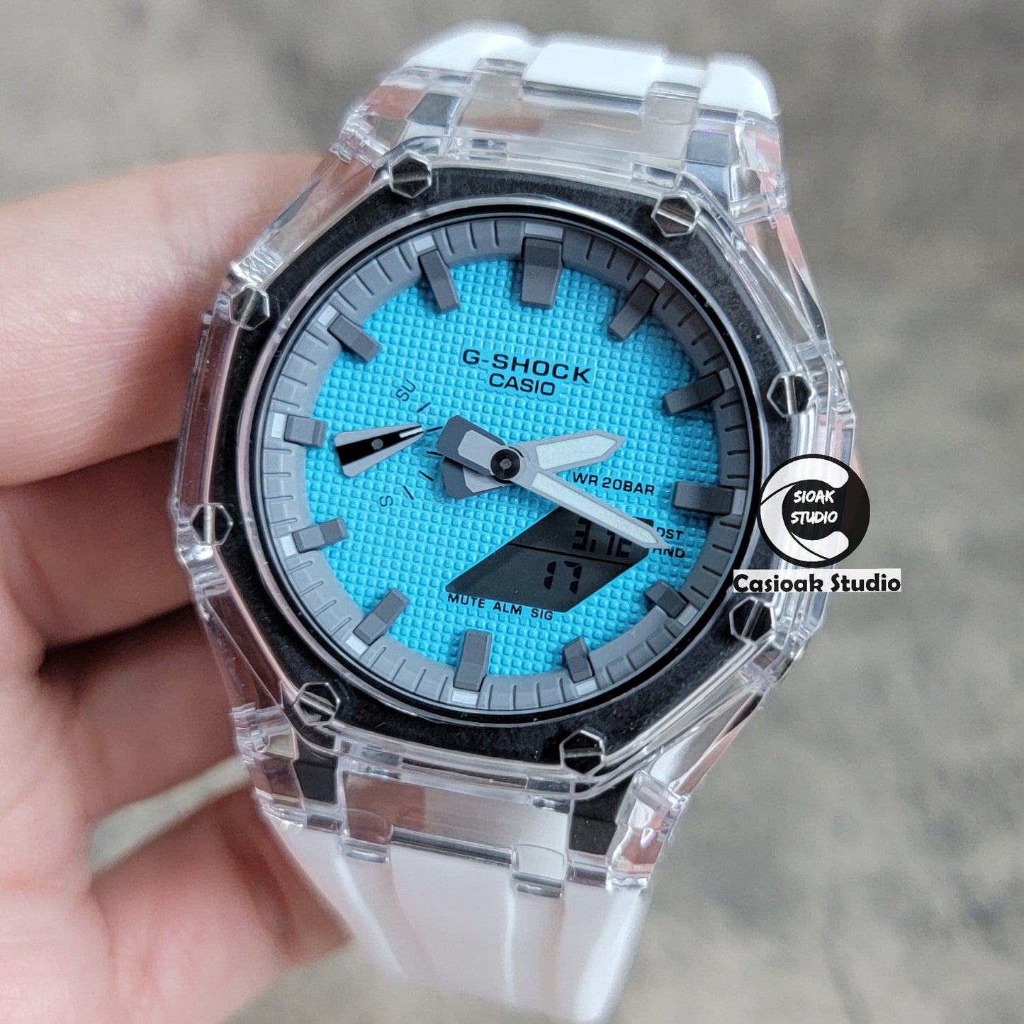 Casioak Mod Transparent Case White Strap Gray Time Mark Tiff Blue Waffle Dial 44mm- Casioak Mod Casio G-Shock Royal Oak Custom Mens Luxury Watches Ga2100