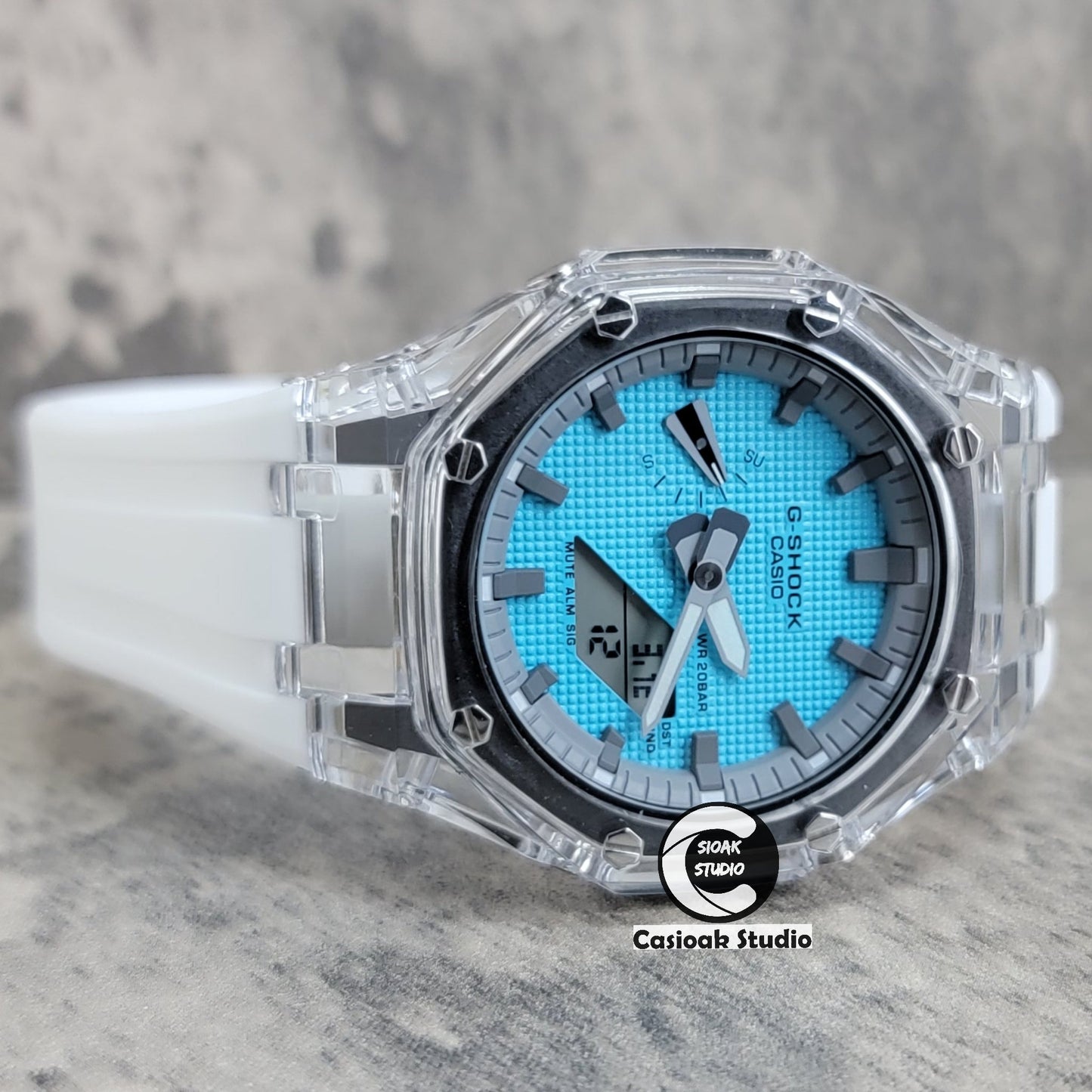 Casioak Mod Transparent Case White Strap Gray Time Mark Tiff Blue Waffle Dial 44mm- Casioak Mod Casio G-Shock Royal Oak Custom Mens Luxury Watches Ga2100