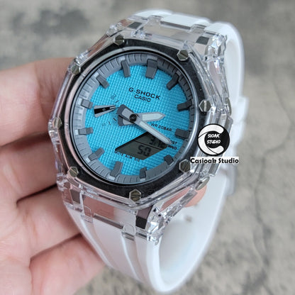 Casioak Mod Transparent Case White Strap Gray Time Mark Tiff Blue Waffle Dial 44mm- Casioak Mod Casio G-Shock Royal Oak Custom Mens Luxury Watches Ga2100