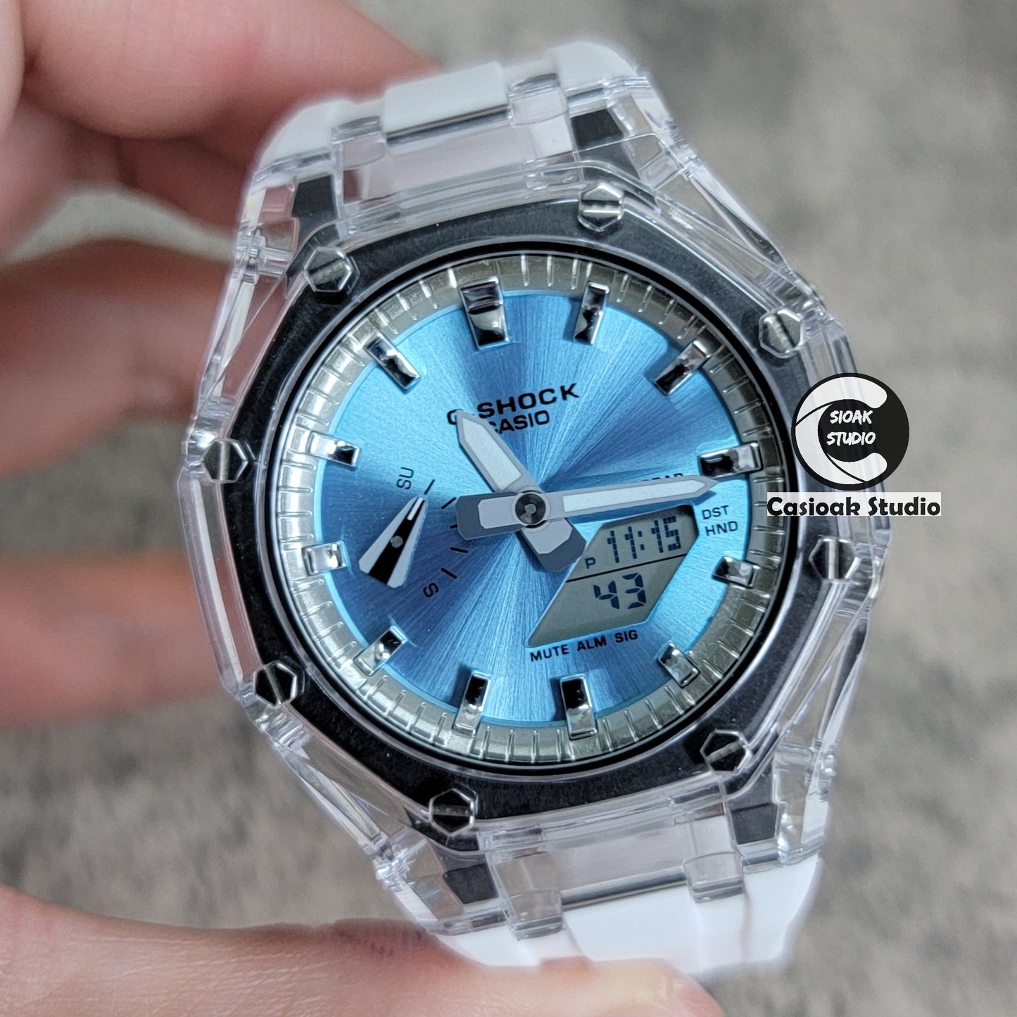 Casioak Mod Transparent Case White Strap Silver Time Mark Ice Blue Dial 44mm- Casioak Mod Casio G-Shock Royal Oak Custom Mens Luxury Watches Ga2100