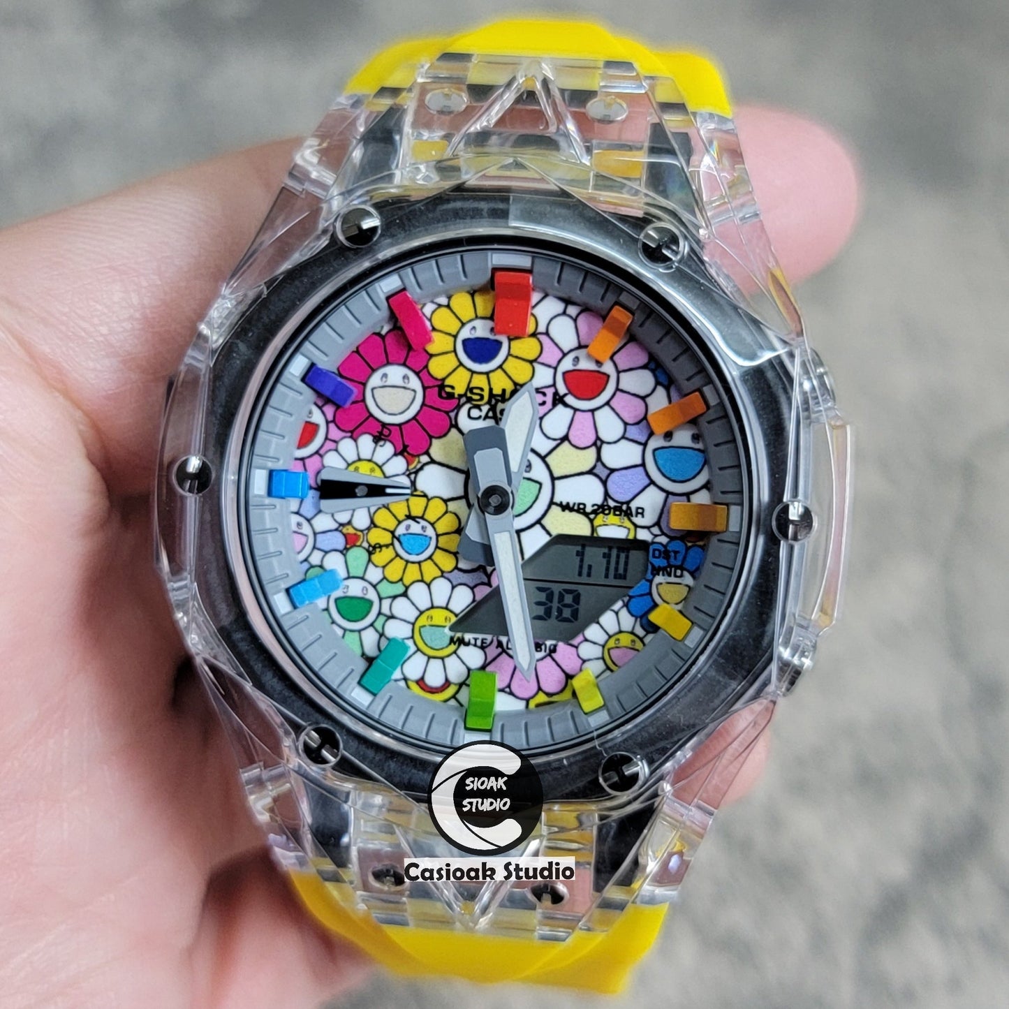 Casioak Mod Transparent Case Yellow Strap Gray Rainbow Time Mark Takashi Murakami Dial 44mm- Casioak Mod Casio G-Shock Royal Oak Custom Mens Luxury Watches Ga2100