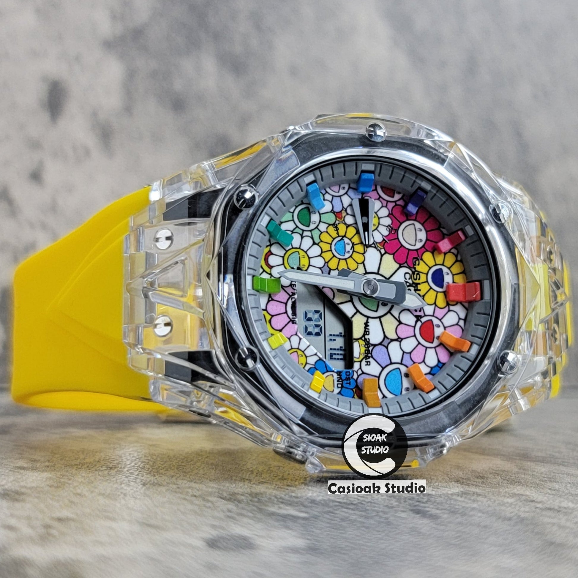 Casioak Mod Transparent Case Yellow Strap Gray Rainbow Time Mark Takashi Murakami Dial 44mm- Casioak Mod Casio G-Shock Royal Oak Custom Mens Luxury Watches Ga2100