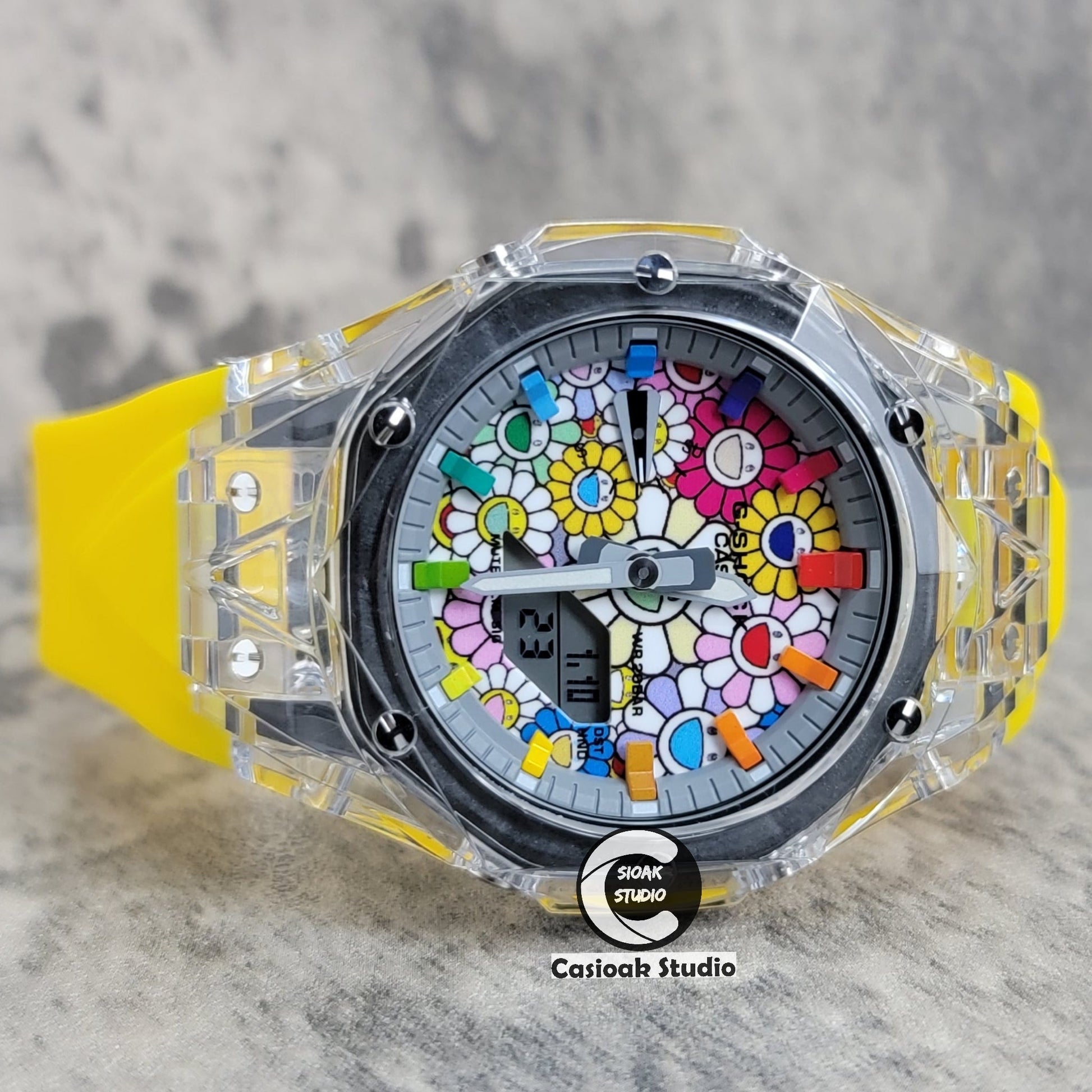 Casioak Mod Transparent Case Yellow Strap Gray Rainbow Time Mark Takashi Murakami Dial 44mm- Casioak Mod Casio G-Shock Royal Oak Custom Mens Luxury Watches Ga2100