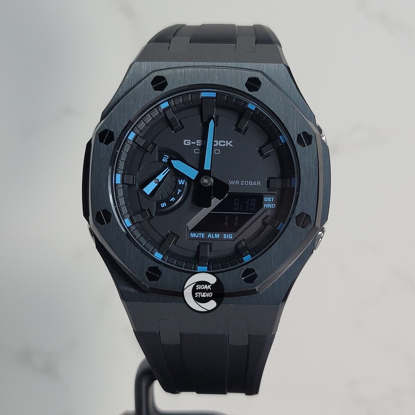 Casioak Mod Watch Black Case Black Rubber Strap Black Black Time Mark Black Dial Blue 44mm- Casioak Mod Casio G-Shock Royal Oak Custom Mens Luxury Watches Ga2100