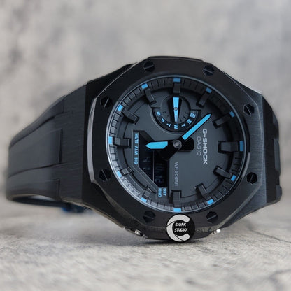 Casioak Mod Watch Black Case Black Rubber Strap Black Black Time Mark Black Dial Blue 44mm- Casioak Mod Casio G-Shock Royal Oak Custom Mens Luxury Watches Ga2100