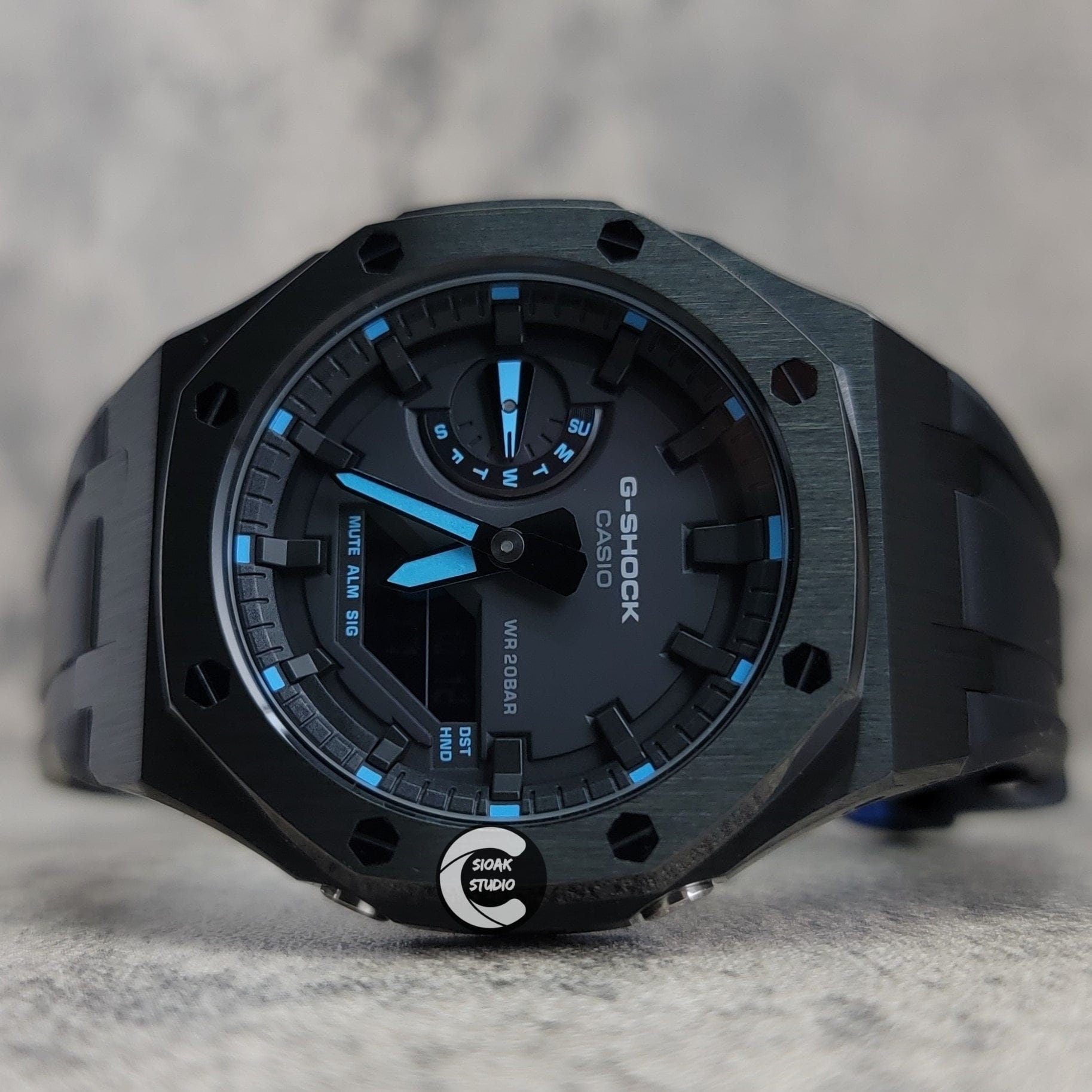 Casioak Mod Watch Black Case Black Rubber Strap Black Black Time Mark Black Dial Blue 44mm- Casioak Mod Casio G-Shock Royal Oak Custom Mens Luxury Watches Ga2100