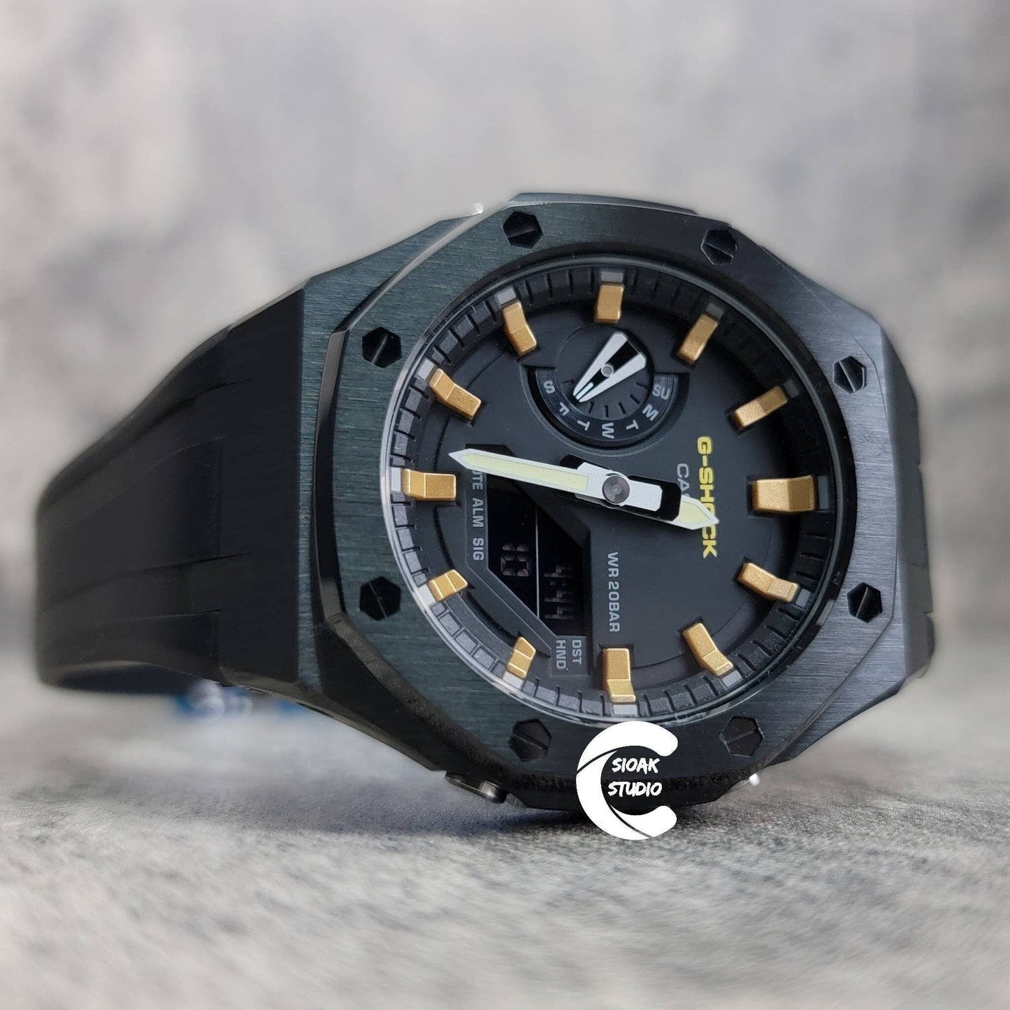 Casioak Mod Watch Black Case Black Rubber Strap Black Gold Time Mark Black Dial 44mm- Casioak Mod Casio G-Shock Royal Oak Custom Mens Luxury Watches Ga2100