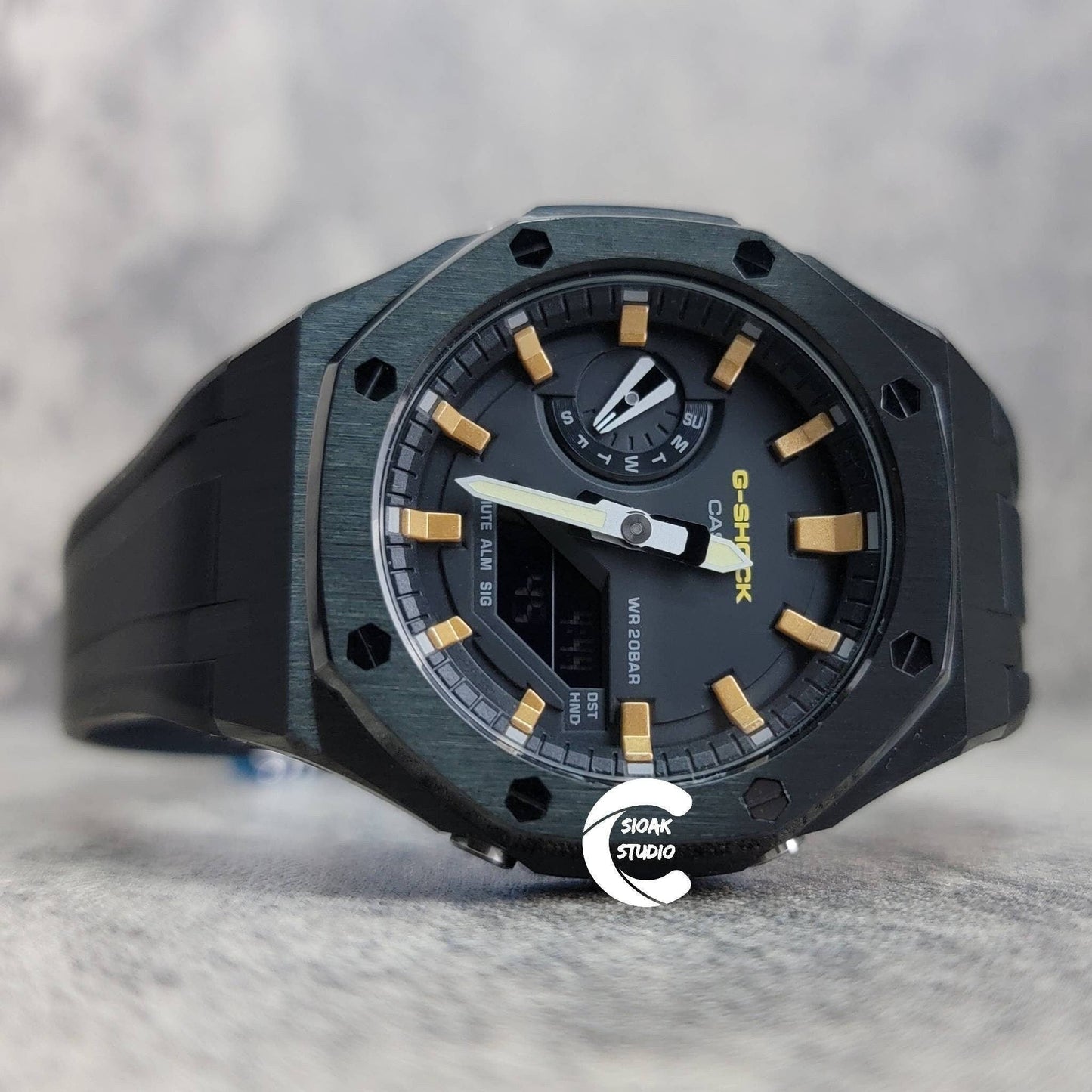 Casioak Mod Watch Black Case Black Rubber Strap Black Gold Time Mark Black Dial 44mm- Casioak Mod Casio G-Shock Royal Oak Custom Mens Luxury Watches Ga2100