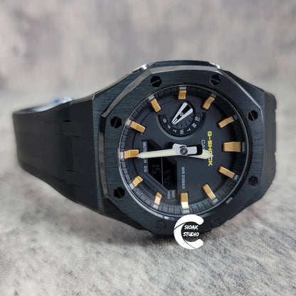 Casioak Mod Watch Black Case Black Rubber Strap Black Gold Time Mark Black Dial 44mm- Casioak Mod Casio G-Shock Royal Oak Custom Mens Luxury Watches Ga2100