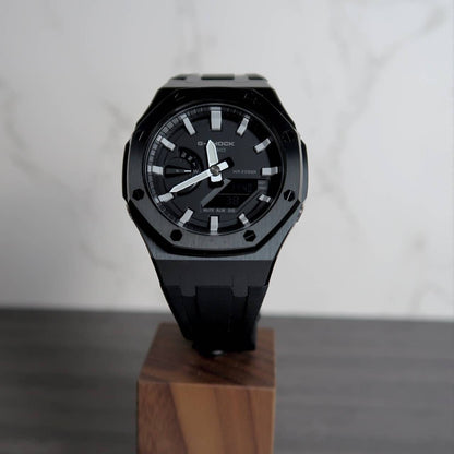 Casioak Mod Watch Black Case Black Rubber Strap Black Gray Time Mark Black Dial 44mm- Casioak Mod Casio G-Shock Royal Oak Custom Mens Luxury Watches Ga2100