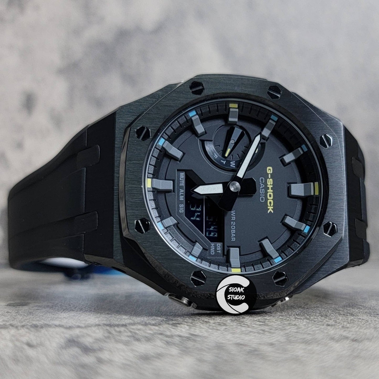 Casioak Mod Watch Black Case Black Rubber Strap Black Gray Time Mark Black Dial 44mm- Casioak Mod Casio G-Shock Royal Oak Custom Mens Luxury Watches Ga2100