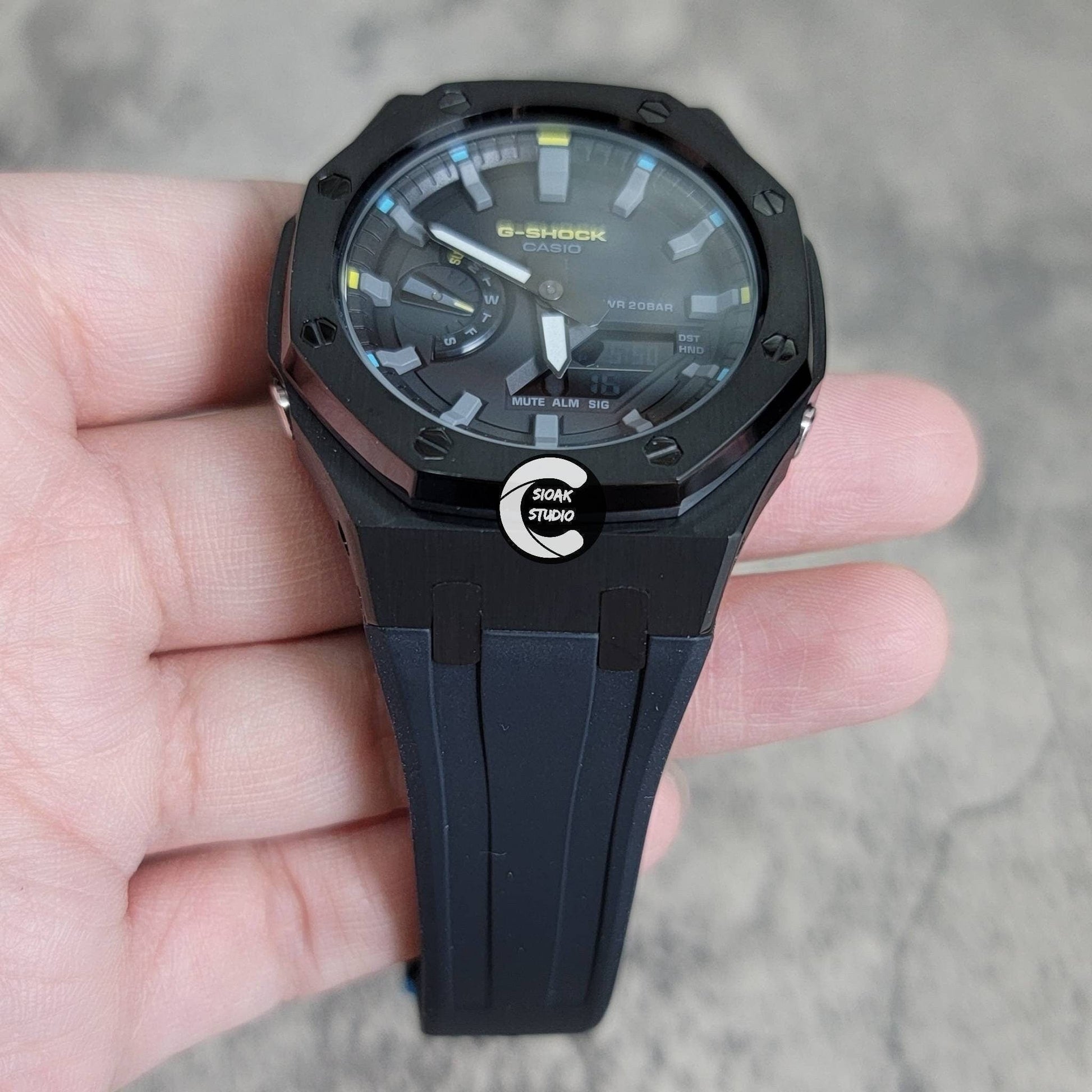 Casioak Mod Watch Black Case Black Rubber Strap Black Gray Time Mark Black Dial 44mm- Casioak Mod Casio G-Shock Royal Oak Custom Mens Luxury Watches Ga2100