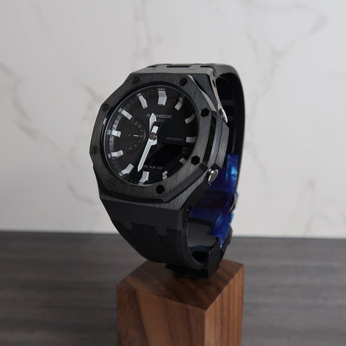 Casioak Mod Watch Black Case Black Rubber Strap Black Gray Time Mark Black Dial 44mm- Casioak Mod Casio G-Shock Royal Oak Custom Mens Luxury Watches Ga2100