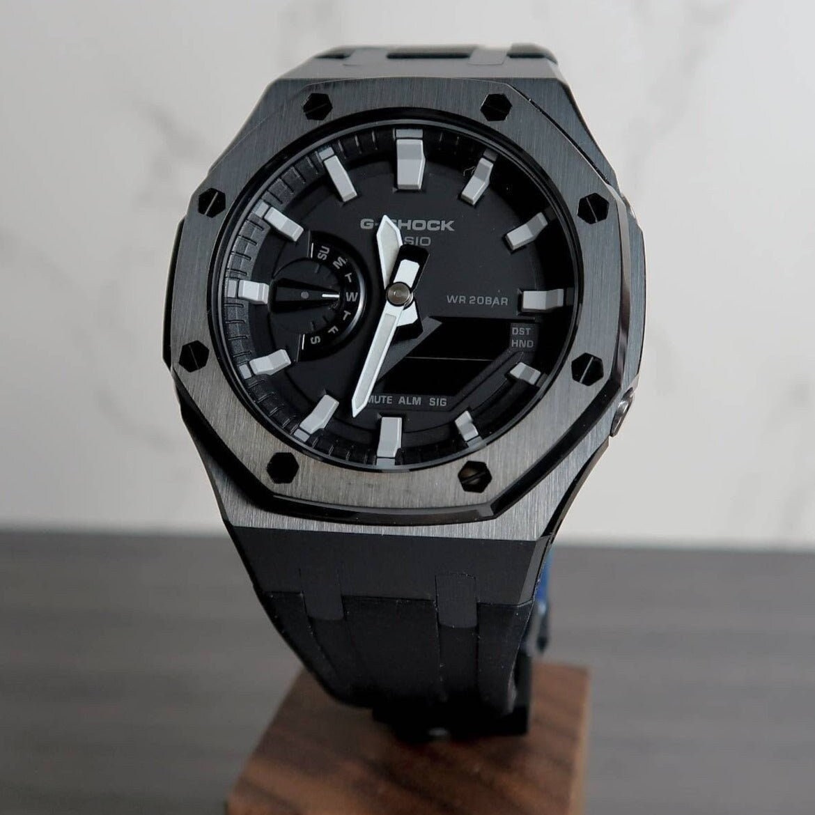 Casioak Mod Watch Black Case Black Rubber Strap Black Gray Time Mark Black Dial 44mm- Casioak Mod Casio G-Shock Royal Oak Custom Mens Luxury Watches Ga2100