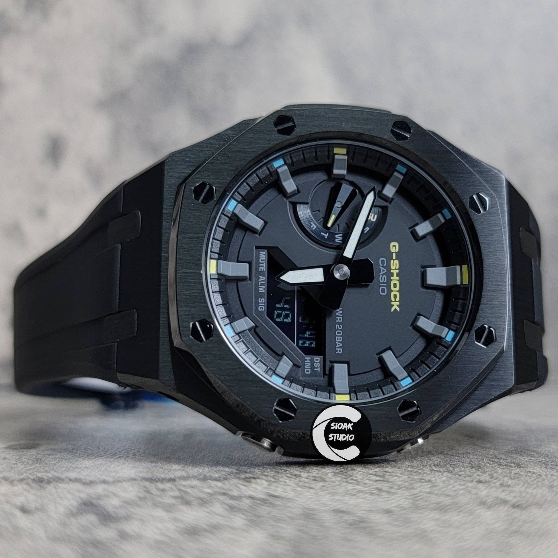 Casioak Mod Watch Black Case Black Rubber Strap Black Gray Time Mark Black Dial 44mm- Casioak Mod Casio G-Shock Royal Oak Custom Mens Luxury Watches Ga2100