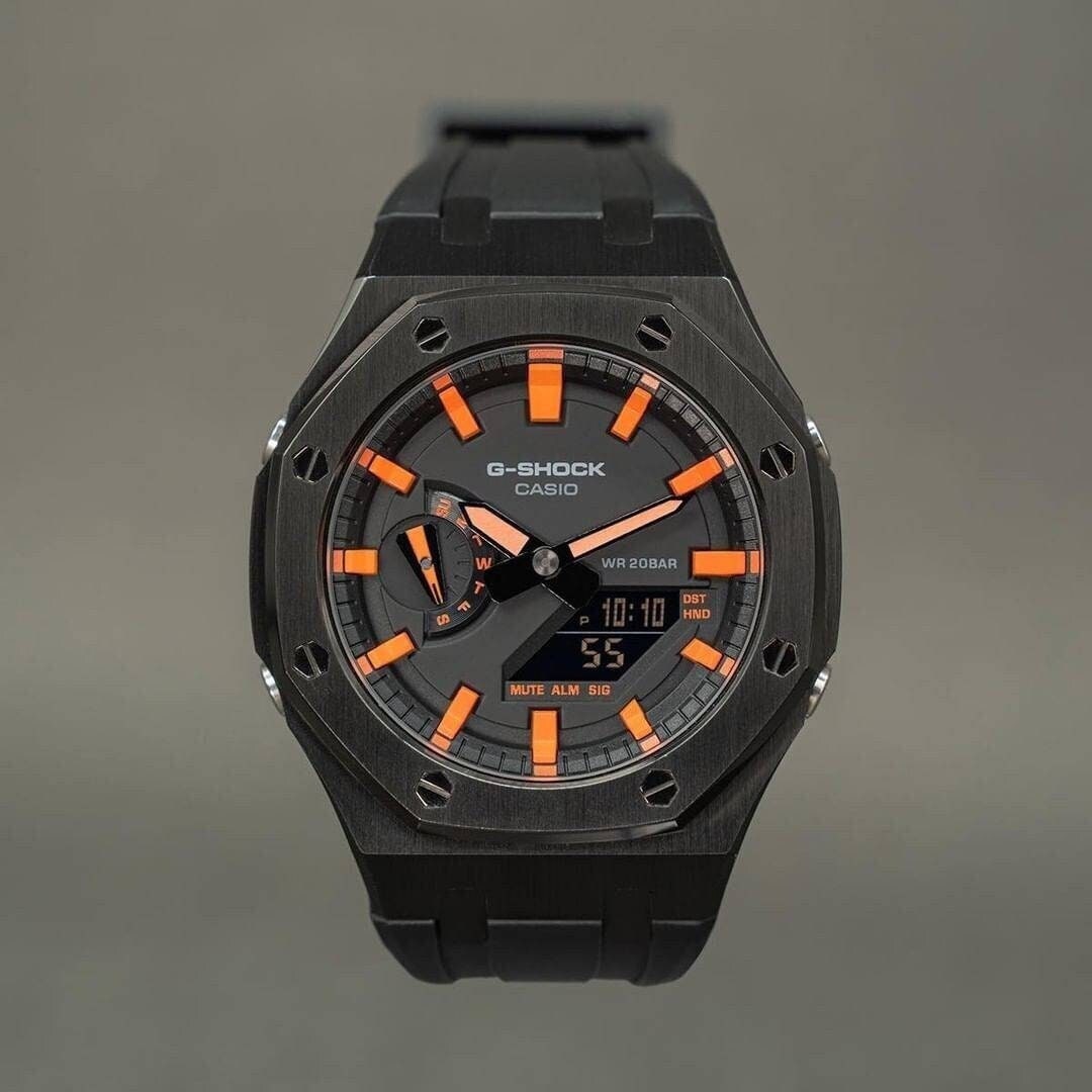 Casioak Mod Watch Black Case Black Rubber Strap Black Orange Time Mark Black Dial 44 mm- Casioak Mod Casio G-Shock Royal Oak Custom Mens Luxury Watches Ga2100