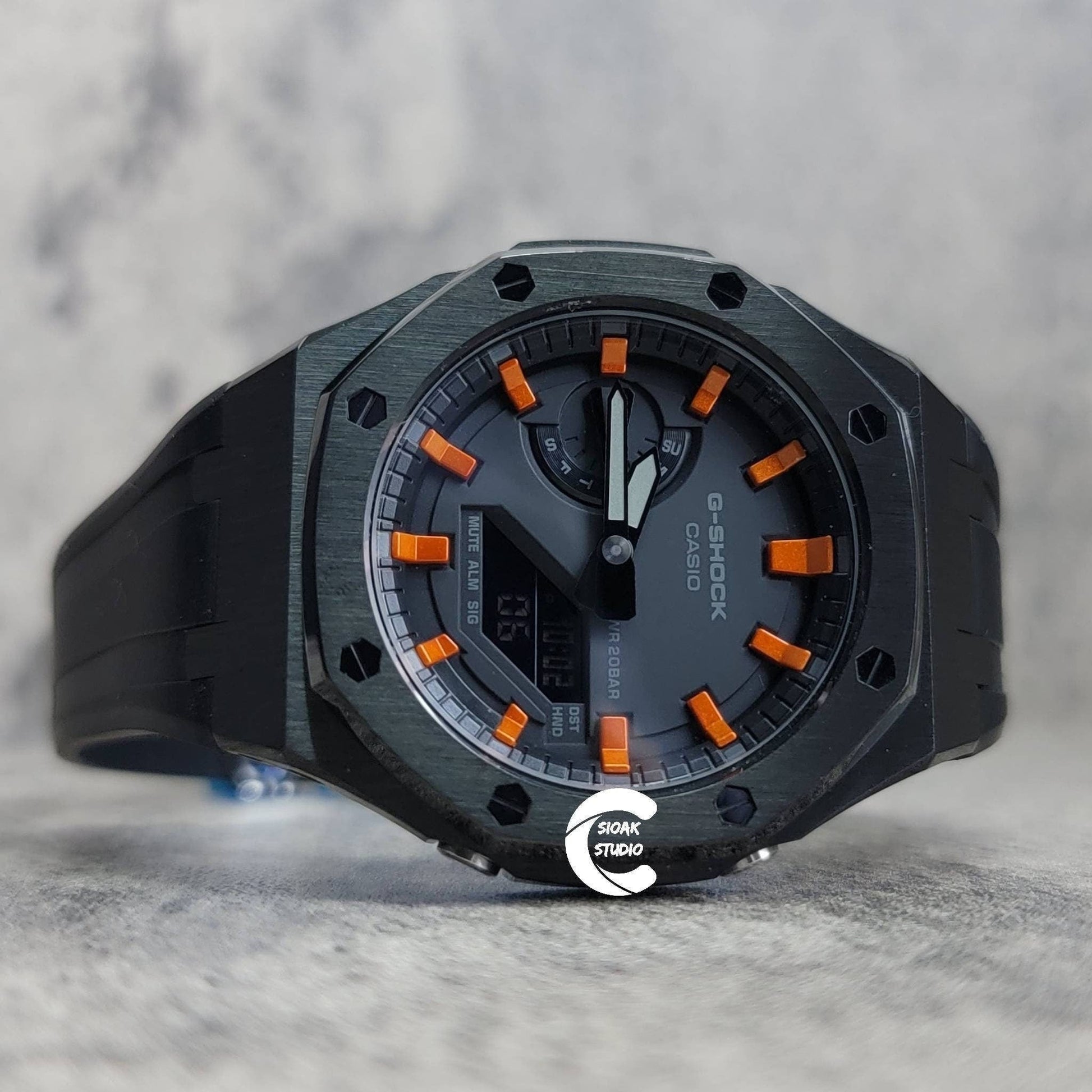 Casioak Mod Watch Black Case Black Rubber Strap Black Orange Time Mark Black Dial 44mm- Casioak Mod Casio G-Shock Royal Oak Custom Mens Luxury Watches Ga2100