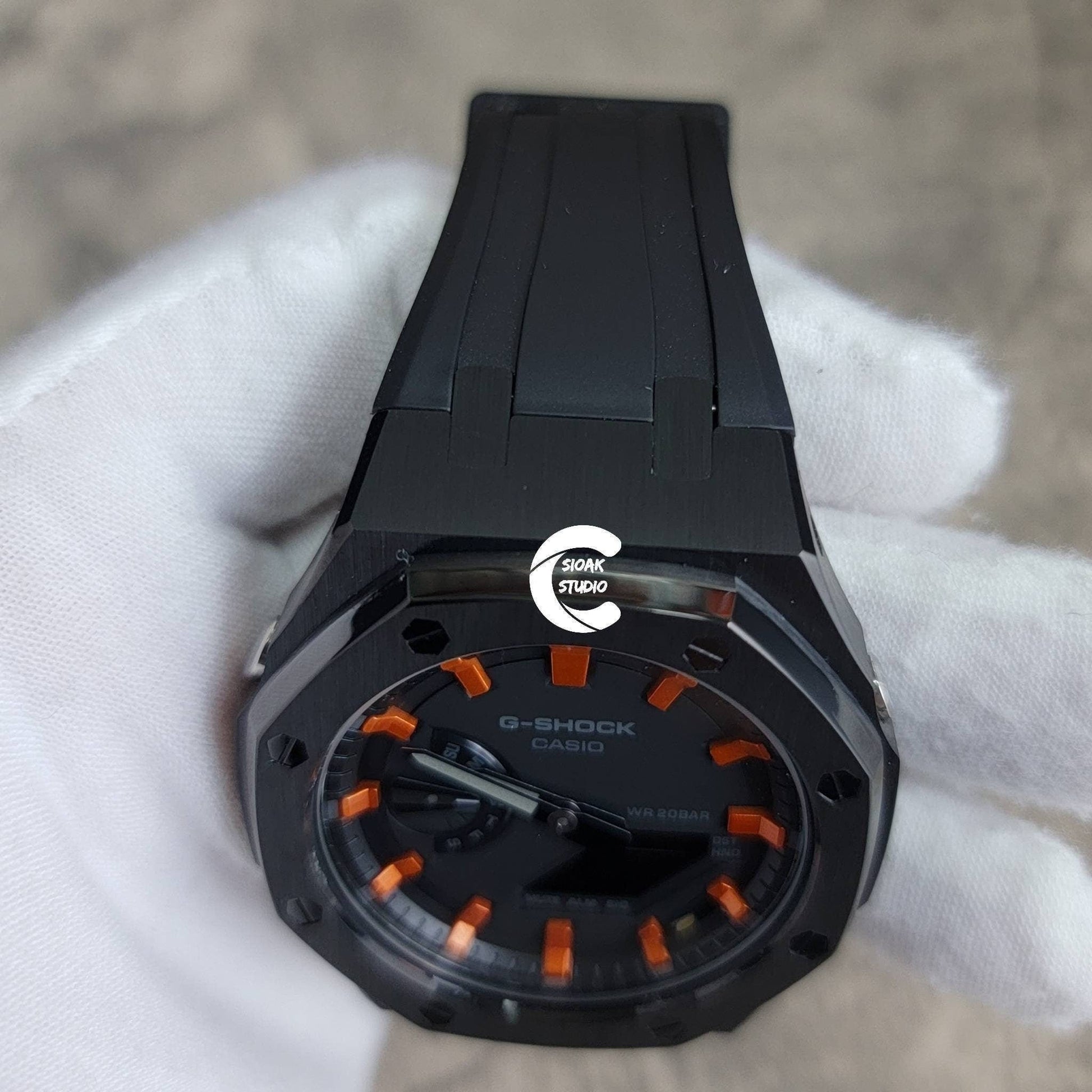 Casioak Mod Watch Black Case Black Rubber Strap Black Orange Time Mark Black Dial 44mm- Casioak Mod Casio G-Shock Royal Oak Custom Mens Luxury Watches Ga2100