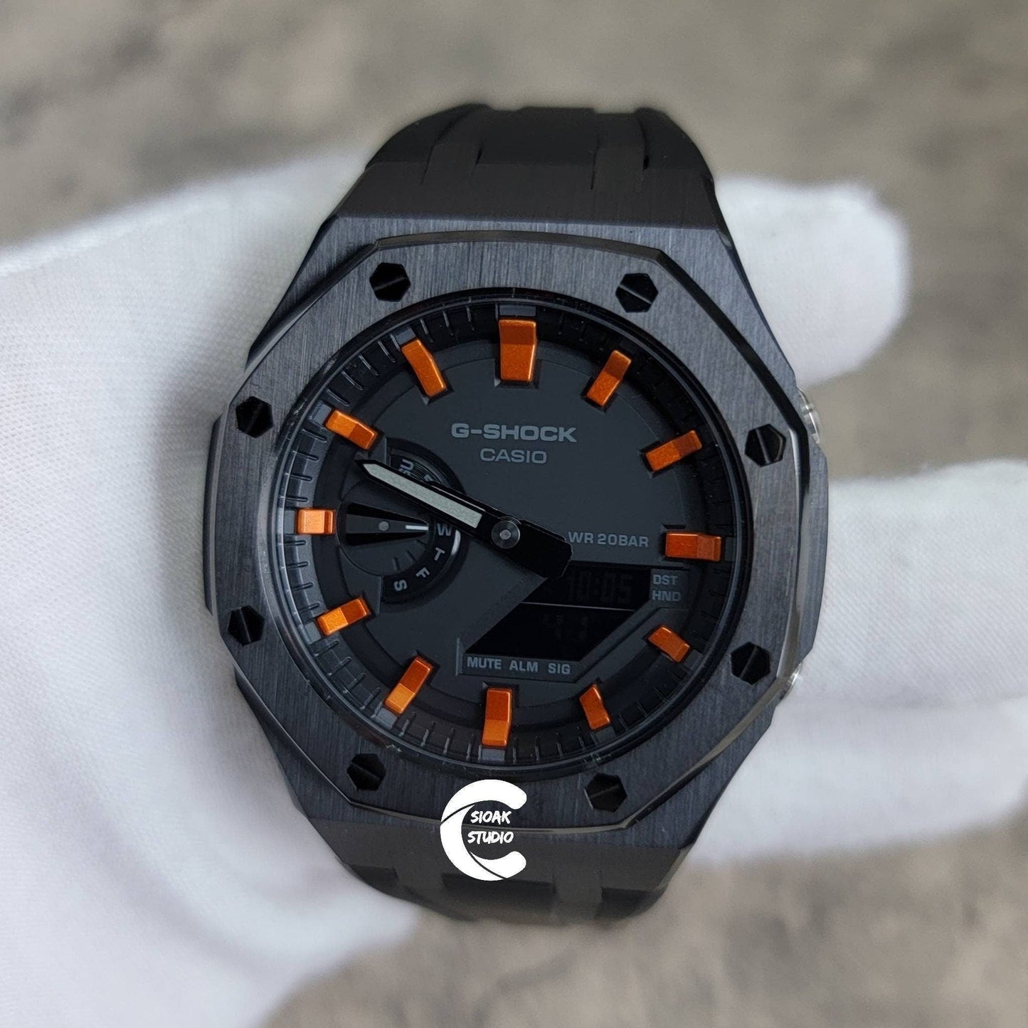 Casioak Mod Watch Black Case Black Rubber Strap Black Orange Time Mark Black Dial 44mm- Casioak Mod Casio G-Shock Royal Oak Custom Mens Luxury Watches Ga2100