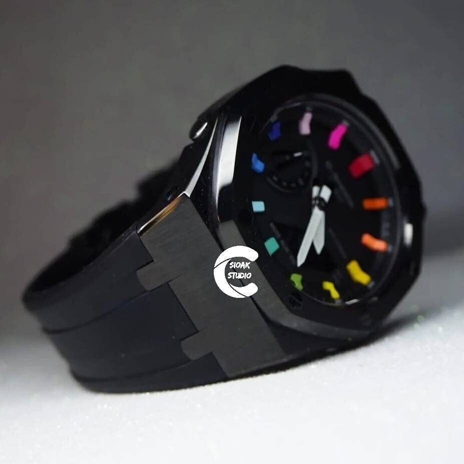 Casioak Mod Watch Black Case Black Rubber Strap Black Rainbow Time Mark Black Dial 44mm- Casioak Mod Casio G-Shock Royal Oak Custom Mens Luxury Watches Ga2100