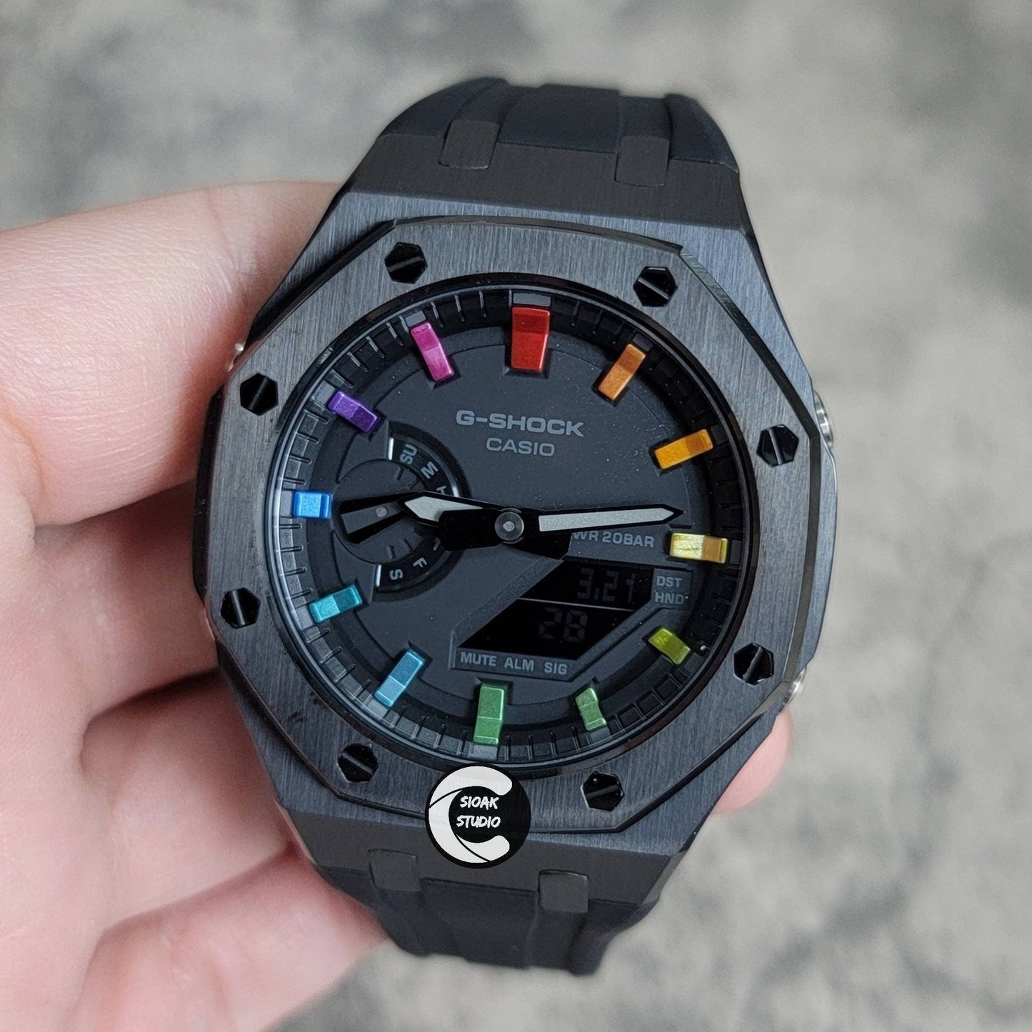 Casioak Mod Watch Black Case Black Rubber Strap Black Rainbow Time Mark Black Dial 44mm- Casioak Mod Casio G-Shock Royal Oak Custom Mens Luxury Watches Ga2100