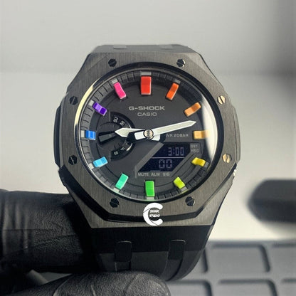 Casioak Mod Watch Black Case Black Rubber Strap Black Rainbow Time Mark Black Dial 44mm- Casioak Mod Casio G-Shock Royal Oak Custom Mens Luxury Watches Ga2100